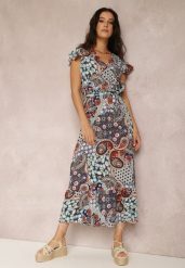 Niebieska Sukienka Hesena. Niebieskie sukienki damskie Renee, bez wzorów, z materiału, boho, bez ramiączek. W wyprzedaży za 39.99 zł.