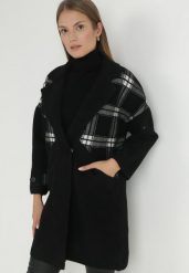 Czarny Płaszcz Krótki w Kratę Florenta. Czarne płaszcze damskie Born2be, z aplikacjami, z jeansu, bez kaptura. Za 309.99 zł.