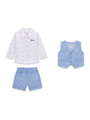 Guess Komplet koszula, kamizelka i spodnie materiałowe I6RG12 WF6P0 Beżowy Regular Fit. Brązowe koszule chłopięce Guess, z aplikacjami, z bawełny, bez kołnierzyka, bez ramiączek. Za 329.99 zł.