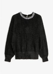 Sweter z aplikacją z perełek. Czarne swetry klasyczne damskie bonprix, bez kołnierzyka. Za 149.99 zł.