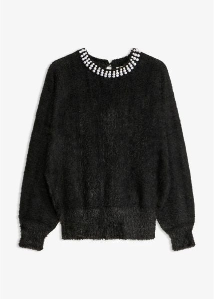 Sweter z aplikacją z perełek. Czarne swetry klasyczne damskie bonprix, bez kołnierzyka. Za 149.99 zł.