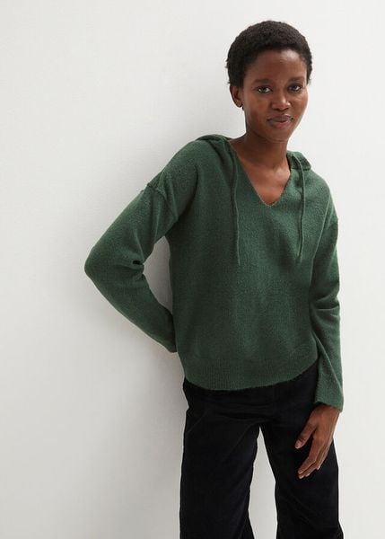 Sweter z dekoltem w serek i kapturem. Zielone swetry klasyczne damskie bonprix, bez kołnierzyka. Za 107.99 zł.