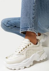 Beżowe Sneakersy na Grubej Podeszwie z Metaliczną Nitką Adeteia. Brązowe obuwie sportowe damskie Born2be, bez zapięcia. Za 84.99 zł.