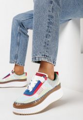 Biało-Brązowe Sneakersy z Patchworkową Cholewką i Tłoczoną Platformą Geridia. Białe obuwie sportowe damskie Born2be, bez zapięcia. Za 44.99 zł.