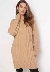 Beżowy Luźny Sweter w Warkoczykowy Splot Sentlia. Brązowe swetry klasyczne damskie Born2be, ze splotem, bez kołnierzyka. Za 189.99 zł.