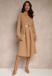 Beżowa Sukienka o Rozkloszowanym Kroju z Trójkątnym Dekoltem Temivara. Brązowe sukienki damskie Renee, bez wzorów, z jeansu, eleganckie, bez ramiączek. W wyprzedaży za 91.99 zł.