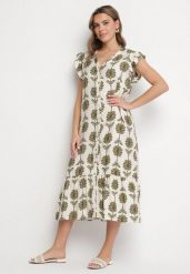 Biało-Zielona Kwiatowa Sukienka z Bawełną i Falbanką Efanelia. Brązowe sukienki damskie Born2be, bez wzorów, z bawełny, eleganckie, bez ramiączek. Za 119.99 zł.