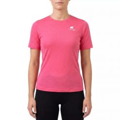 Damska koszulka trekkingowa z merynosów. Czerwone bluzki damskie FJORK MERINO, bez wzorów, z wełny, sportowe, bez kołnierzyka, bez ramiączek. W wyprzedaży za 199.00 zł.