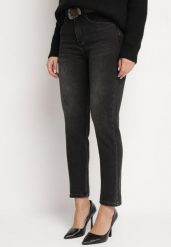 Czarne Jeansy z Bawełną z Wysokim Stanem o Kroju Mom Fit z Paskiem Senatria. Czarne jeansy damskie Born2be, z podwyższonym stanem. Za 109.99 zł.