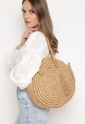 Beżowa Okrągła Torebka Typu Shopper z Plecionki z Dodatkowym Paskiem Enirta. Brązowe shopper bag Born2be, bez wzorów, bez dodatków. Za 99.99 zł.