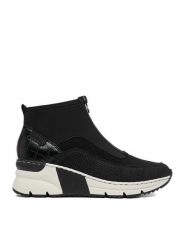 Rieker Botki CEO-N6352-00 Czarny. Czarne botki damskie Rieker, z materiału, bez obcasa, na koturnie, bez zapięcia. Za 329.99 zł.
