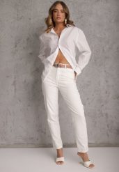 Białe Jeansy z Bawełną i Wiskozą High Waist Ozdobione Paskiem i Motylem Neviasi. Białe jeansy damskie Renee, bez wzorów, z bawełny. Za 109.99 zł.