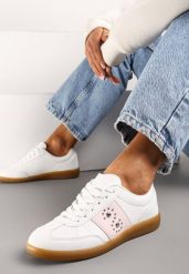 Biało-Różowe Sneakersy na Płaskiej Podeszwie z Wiązaniem i Ozdobną Wstawką Drukesti. Białe obuwie sportowe damskie Renee, z materiału, bez zapięcia. Za 69.99 zł.