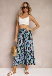 Czarno-Niebieskie Spodnie z Wiskozy High Waist z Gumką w Pasie Alaqinta. Czarne spodnie materiałowe damskie Renee, bez wzorów, z jeansu. Za 39.99 zł.