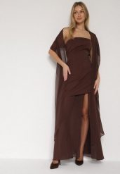 Brązowa Koktajlowa Sukienka z Odkrytymi Ramionami i Dodatkowym Szalem Krynaya. Brązowe sukienki damskie Born2be, bez wzorów, klasyczne, bez ramiączek. Za 139.99 zł.