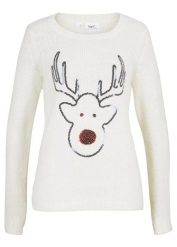 Sweter bożonarodzeniowy z motywem renifera z cekinami. Białe swetry klasyczne damskie bonprix, bez kołnierzyka. Za 129.99 zł.