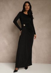 Czarna Marszczona Sukienka Koktajlowa Zdobiona Aplikacją w Talii Siweda. Czarne sukienki damskie Renee, z aplikacjami, z futra, klasyczne, bez ramiączek. Za 149.99 zł.