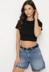 Czarny Bawełniany Prążkowany T-shirt Nelzedi. Czarne t-shirty damskie Born2be, m, bez wzorów, z bawełny, bez kołnierzyka. Za 19.99 zł.