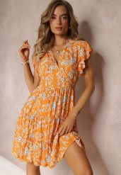 Pomarańczowa Rozkloszowana Sukienka z Wiskozy i Falbankami Brindisi. Brązowe sukienki damskie Renee, z aplikacjami, z wiskozy, bez ramiączek. W wyprzedaży za 55.99 zł.