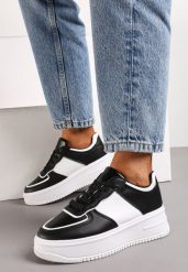 Czarno-Białe Sneakersy na Grubej Podeszwie Sznurowane Railak. Czarne obuwie sportowe damskie Born2be, z materiału, bez zapięcia. Za 44.99 zł.