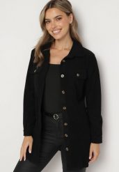 Czarna Sztruksowa Koszula o Długim Taliowanym Kroju z Kieszeniami Rosalinea. Czarne koszule damskie Born2be, m, bez wzorów, z jeansu, eleganckie, bez kołnierzyka, bez ramiączek. Za 79.99 zł.