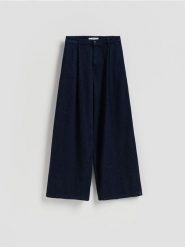Jeansy wide leg z zakładkami - granatowy. Niebieskie jeansy damskie Reserved. Za 149.99 zł.