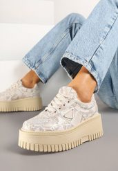 Beżowe Sneakersy na Platformie z Tłoczeniem Ozdobione Wężowym Printem Halinea. Brązowe obuwie sportowe damskie Renee, z jeansu, bez zapięcia. Za 89.99 zł.