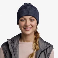 Czapka sportowa Running z odblaskiem z wełny merino active beanie. Niebieskie czapki damskie Buff, bez wzorów, z poliesteru. Za 161.99 zł.