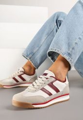 Beżowo-Bordowe Sneakersy Ozdobione Paskami Eranelia. Brązowe obuwie sportowe damskie Born2be, z jeansu, bez zapięcia. Za 84.99 zł.