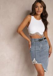 Niebieska Asymetryczna Bawełniana Spódnica Jeansowa High Waist z Łańcuchem i Paskiem Vimaliene. Niebieskie spódnice damskie Renee, na lato, m, bez wzorów, z bawełny, mini. Za 39.99 zł.