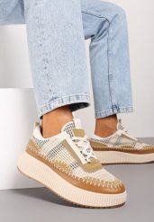 Beżowe Sneakersy na Grubej Podeszwie Ozdobione Przeszyciami Terilira. Brązowe obuwie sportowe damskie Born2be, z jeansu, bez zapięcia. Za 109.99 zł.