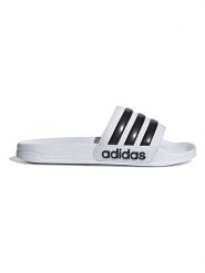 Adidas Klapki "Adilette Shower" w kolorze biało-czarnym rozmiar: 52 2/3. Białe klapki damskie Adidas, bez wzorów, z otwartym noskiem, bez obcasa, bez zapięcia. Za 82.99 zł.