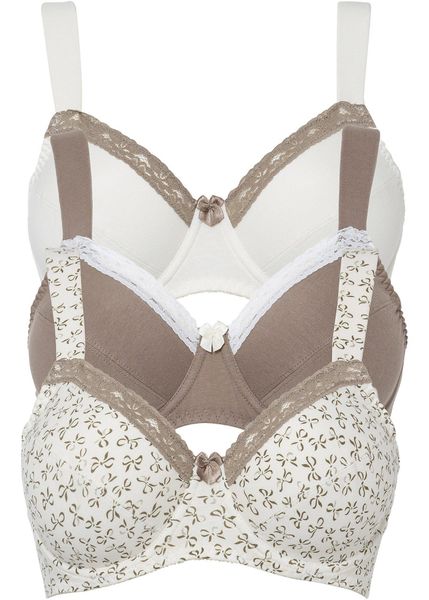 Biustonosz na fiszbinach z bawełną (3 szt.). Brązowe biustonosze bonprix, z aplikacjami, z bawełny. Za 122.99 zł.