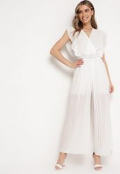 Biały Plisowany Kombinezon z Szerokimi Nogawkami i Wiązanym Paskiem Audra. Białe sukienki damskie Born2be, bez wzorów, eleganckie, bez ramiączek. Za 179.99 zł.