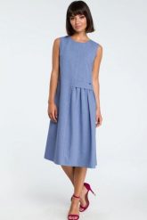 Lniana sukienka trapezowa na lato bez rękawów niebieska. Niebieskie sukienki damskie Bewear, bez wzorów, biznesowe, bez ramiączek. Za 169.00 zł.