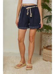Lin Passion Lniane szorty w kolorze granatowym rozmiar: 34/36. Niebieskie szorty damskie Lin Passion, bez wzorów, ze lnu, z podwyższonym stanem. Za 113.99 zł.