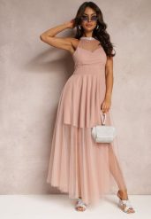 Różowa Maxi Sukienka o Rozkloszowanym Fasonie z Długim Tiulem i Ozdobnymi Cyrkoniami Amorah. Czerwone sukienki damskie Renee, bez wzorów, z tiulu, eleganckie, bez ramiączek. W wyprzedaży za 107.99 zł.