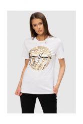 VERSACE Biały t-shirt damski ze złotą meduzą. Białe t-shirty damskie Versace, s, bez wzorów, z bawełny, bez kołnierzyka. W wyprzedaży za 689.99 zł.