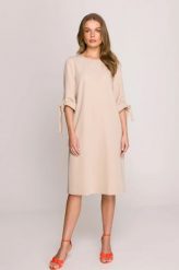 Klasyczna elegancka sukienka trapezowa beżowa. Brązowe sukienki damskie Stylove, bez wzorów, z materiału, biznesowe, bez ramiączek. Za 299.00 zł.