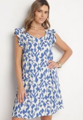 Niebieska Sukienka z Bawełny o Rozkloszowanym Kroju z Falbankami Zamiast Rękawów Jenalinea. Niebieskie sukienki damskie Born2be, bez wzorów, z bawełny, eleganckie, bez ramiączek. Za 69.99 zł.
