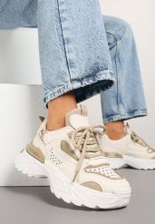 Beżowe Sneakersy Streetwearowe na Grubej Podeszwie Waniffia. Brązowe obuwie sportowe damskie Renee, z jeansu, bez zapięcia. Za 109.99 zł.