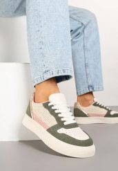 Beżowo-Zielone Sneakersy na Grubej Podeszwie z Brokatem Perforacją i Plecionką Mirreina. Brązowe obuwie sportowe damskie Born2be, z jeansu, bez zapięcia. Za 89.99 zł.