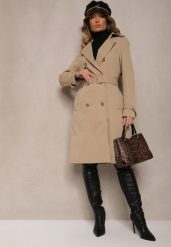 Ciemnobeżowy Dwurzędowy Płaszcz Trencz z Paskiem i Elegancką Klapą Fireti. Brązowe płaszcze damskie Renee, l, bez wzorów, z jeansu, bez kaptura. Za 179.99 zł.