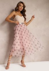 Różowa Tiulowa Rozkloszowana Spódnica Plisowana z Aplikacjami Serc i Gumką w Pasie Missari. Czerwone spódnice damskie Renee, na co dzień, l, z aplikacjami, z tiulu, eleganckie, midi. Za 39.99 zł.