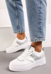Biało-Srebrne Sneakersy na Grubej Podeszwie z Brokatowymi Wstawkami Qmalthea. Białe obuwie sportowe damskie Born2be, z materiału, bez zapięcia. Za 89.99 zł.