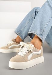 Ciemnobeżowe Sneakersy na Grubej Podeszwie z Ozdobnym Paskiem Kornelie. Brązowe obuwie sportowe damskie Born2be, z jeansu, bez zapięcia. Za 74.99 zł.