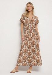 Ciemnobeżowa Sukienka w Etno Wzór z Falbankami i Gumką w Pasie Ellivira. Brązowe sukienki damskie Born2be, bez wzorów, eleganckie, bez ramiączek. Za 79.99 zł.