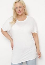 Biały T-shirt z Rękawami w typie Nietoperza Salilena. Białe t-shirty damskie Born2be, xl, z aplikacjami, z jeansu, bez kołnierzyka. Za 34.99 zł.