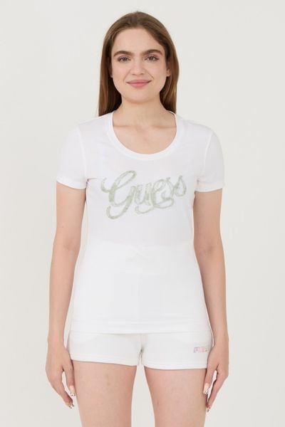 GUESS Biały damski t-shirt Script, Rozmiar S. Białe t-shirty damskie Guess, s, z aplikacjami, bez kołnierzyka. W wyprzedaży za 96.99 zł.
