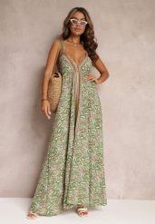 Jasnozielona Rozkloszowana Sukienka Maxi Wiązana na Szyi z Wiskozy z Printem Paisley Olympie. Zielone sukienki damskie Renee, bez wzorów, z wiskozy, boho, bez ramiączek. W wyprzedaży za 91.99 zł.